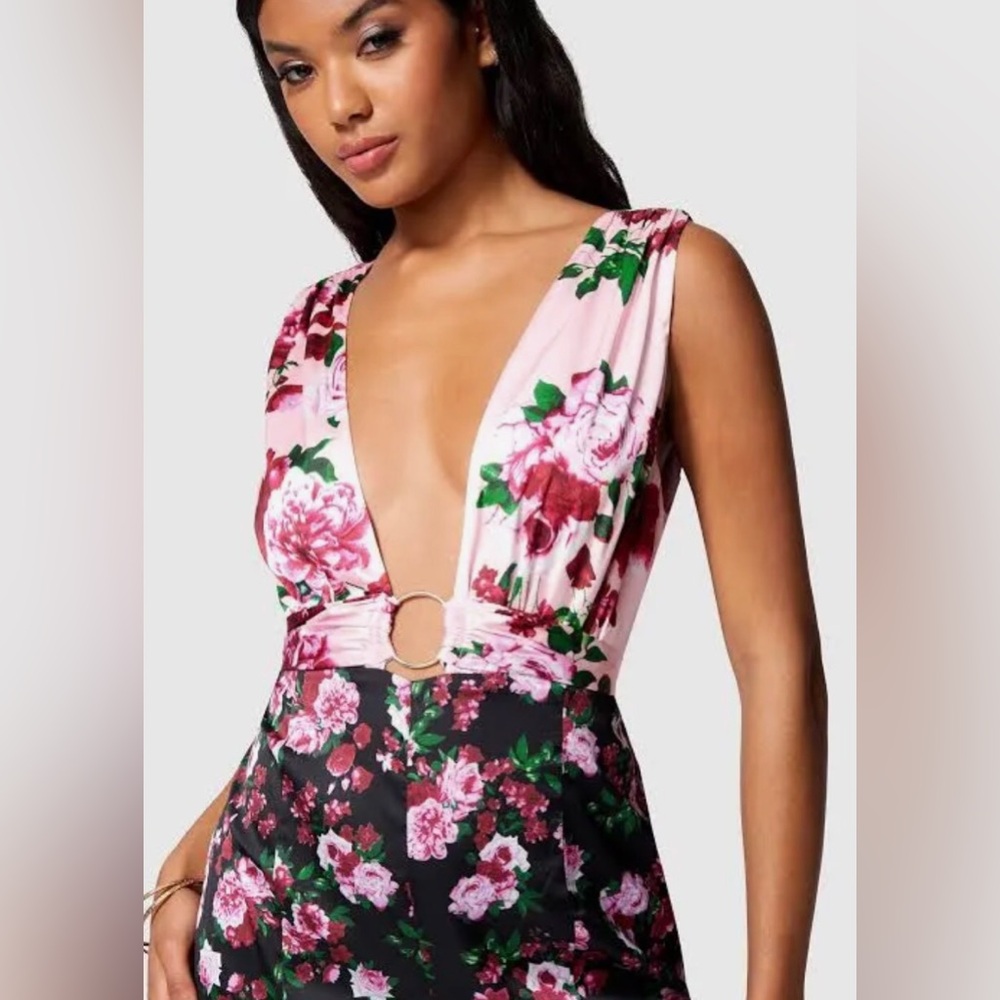 bebe Deep V neck culotte leg jumpsuit Botanical Affair